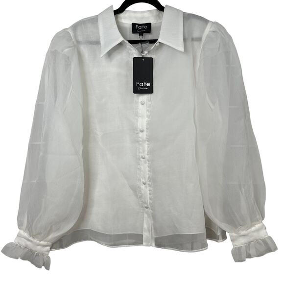 NWT Fate Curve Puff Sleeve White Button Down Blouse Ruffle Long Sleeve Shirt - Picture 1 of 8